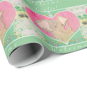 New Baby Elephant Green Pink Wrapping Paper