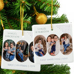 New Baby First Christmas 6 Photos Any Colour Ceramic Ornament<br><div class="desc">New Baby first christmas photo ornament - or you can customize the wording however you wish. The design features 6 photos and fully editable colours for the background, lettering and the deco dots. Your photos are displayed in 16:9 portrait format and the photo template will automatically display them in a...</div>