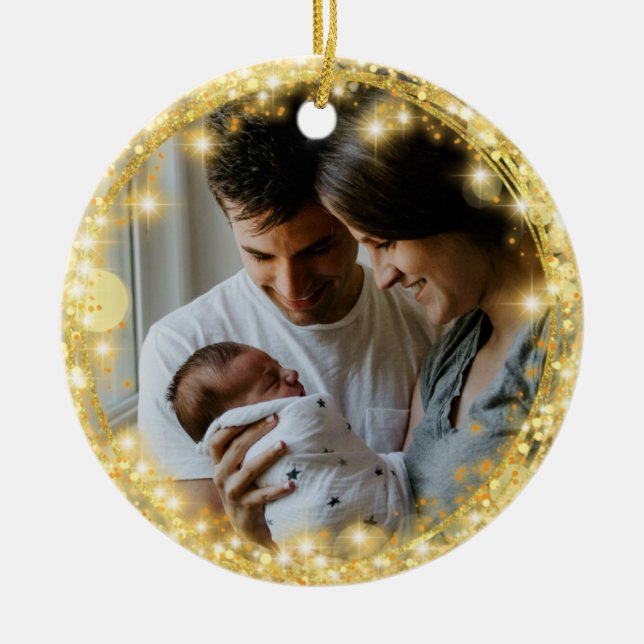 New Baby First Christmas Glitter Gold Circle  Ceramic Ornament (Front)
