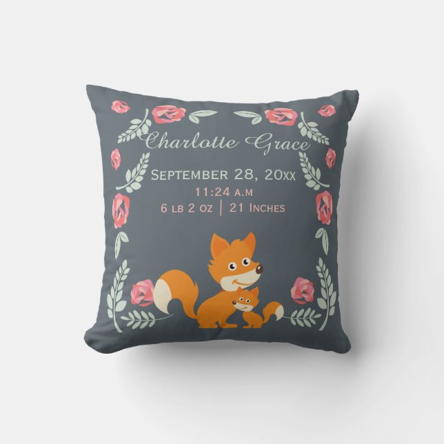 New Baby Fox And Roses Personalized Birth Throw Pillow (Front)