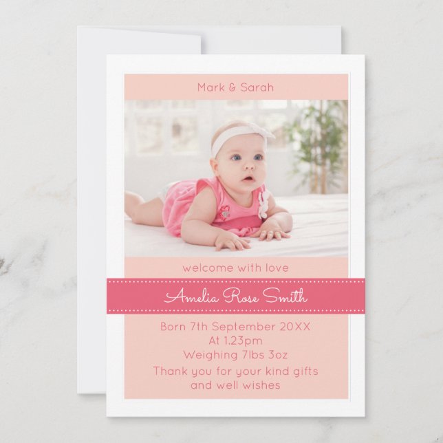 New baby girl announcement/thank you card (Front)