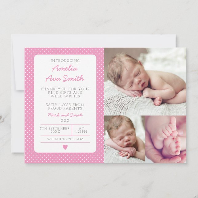 New baby girl announcement/thank you card (Front)