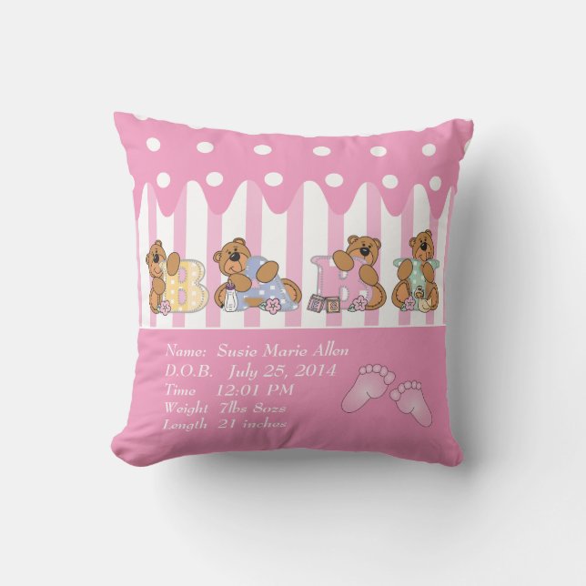 New Baby Girl Bears Throw Pillow (Front)