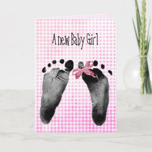 New Baby Girl Footprints On Gingham Card
