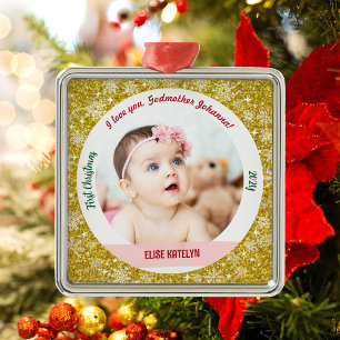 New Baby Girl Photo 1st Christmas Godmother Golden Metal Ornament