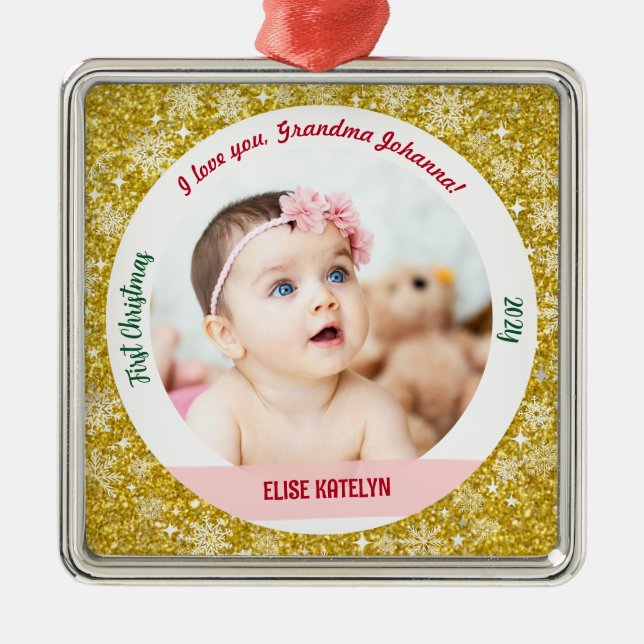New Baby Girl Photo 1st Christmas Grandma Golden Metal Ornament (Front)
