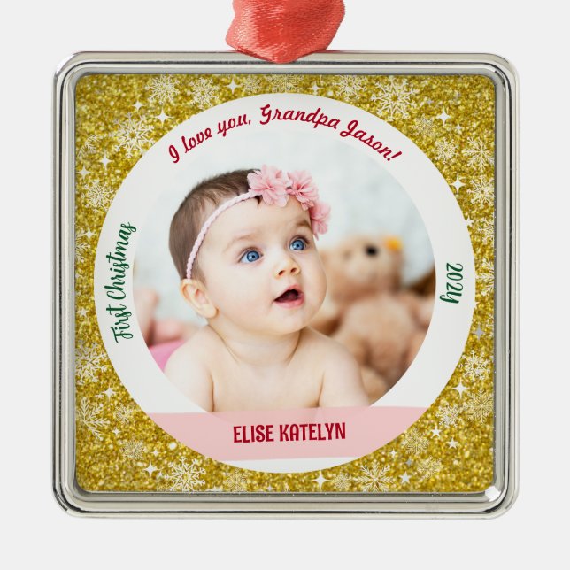 New Baby Girl Photo 1st Christmas Grandpa Golden Metal Ornament (Front)