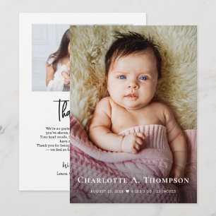 New Baby girl Photo Thank you Heart Modern Birth Announcement