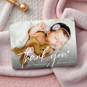 New Baby Girl Photo Thank you Heart Modern Birth Card