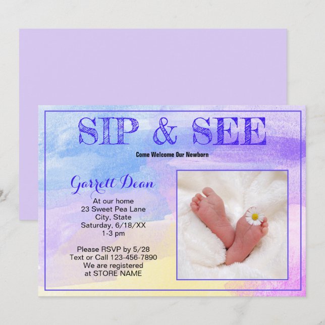 New Baby In Purple "Sip and See" Photo Party Invitation (Front/Back)