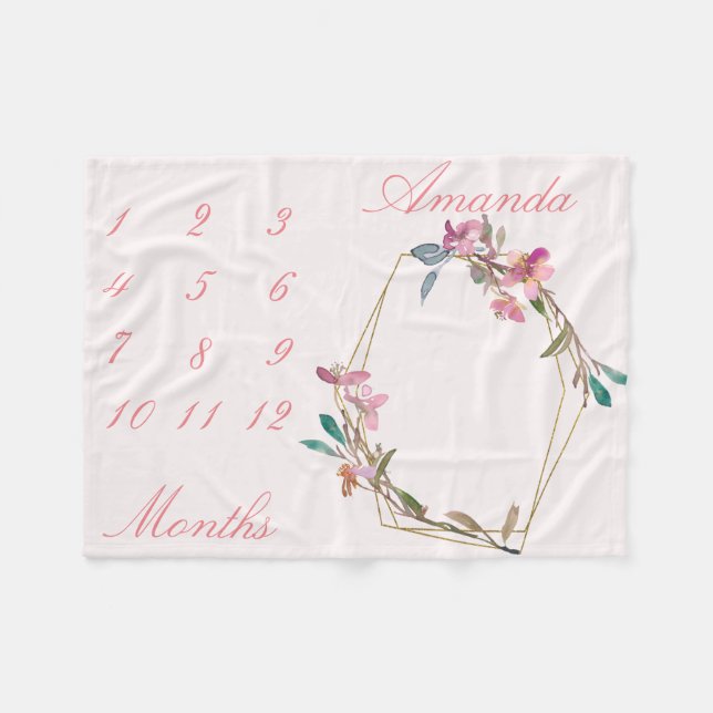 New Baby Infant Milestone Cherry Blossom Gold Geo Fleece Blanket (Front (Horizontal))