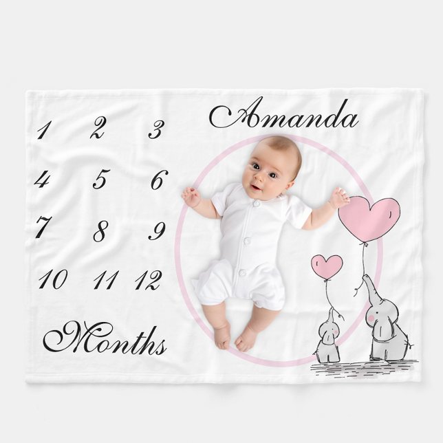New Baby Infant Milestone Pink Elephant Pink Photo Fleece Blanket (Creator Uploaded)