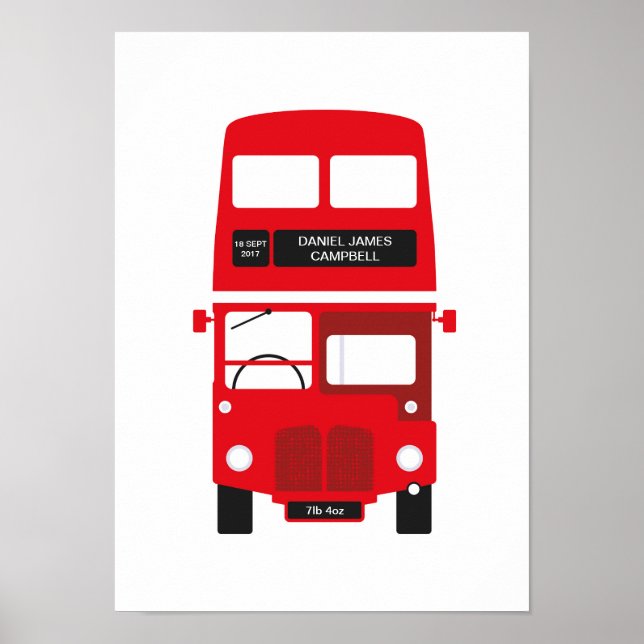 New Baby Personalised London Red Bus Poster (Front)