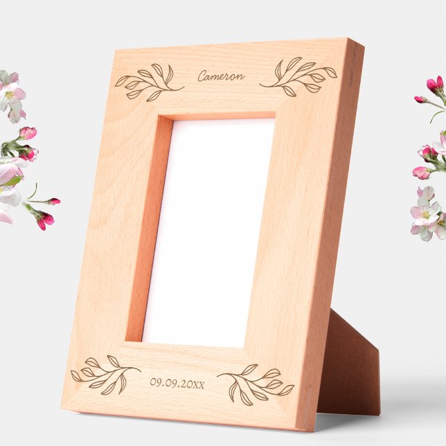 New Baby Personalized Name Date Botanical Leaves Etched Frames (New baby name date botanical leaf elegant etched wooden photo frame)