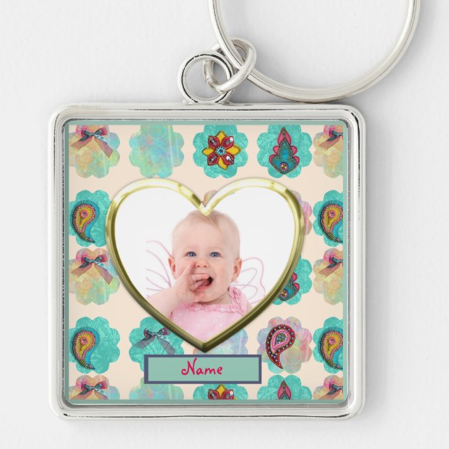 New Baby Photo Gift Scrapbooking paisley Photo Keychain (Front)