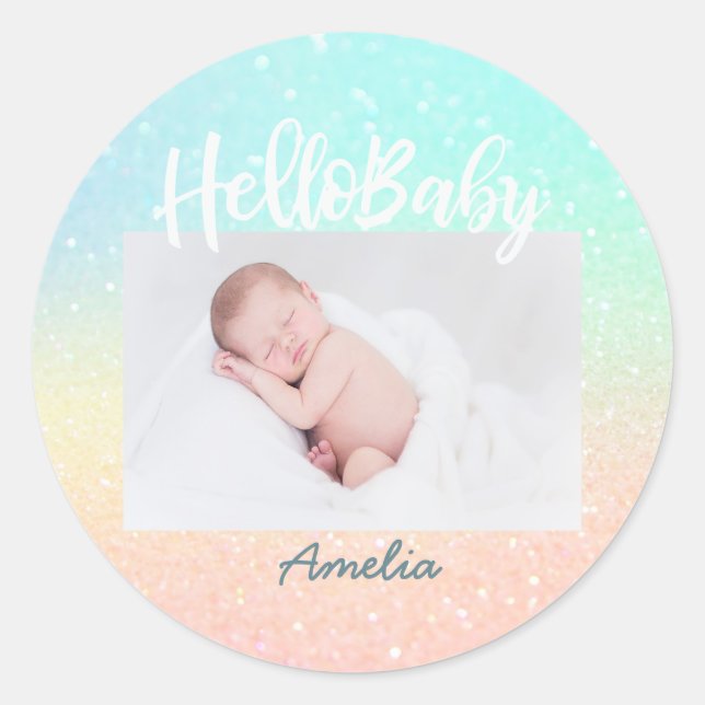 New Baby Photo Modern Rainbow Glitter Classic Round Sticker (Front)