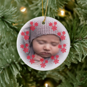 New baby photo red snowflake ceramic ornament