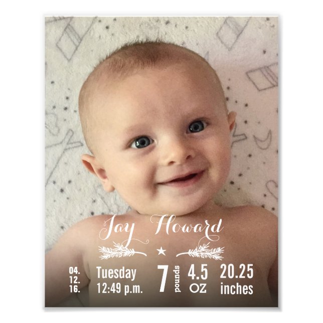 New Baby Photo with Baby Stats Pine Branch & Star (Front)