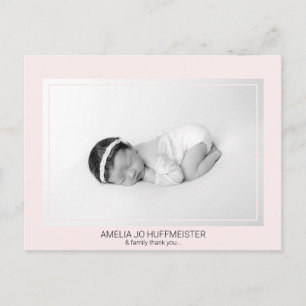 New Baby Pink Modern Thank You B/W Photo Postcard