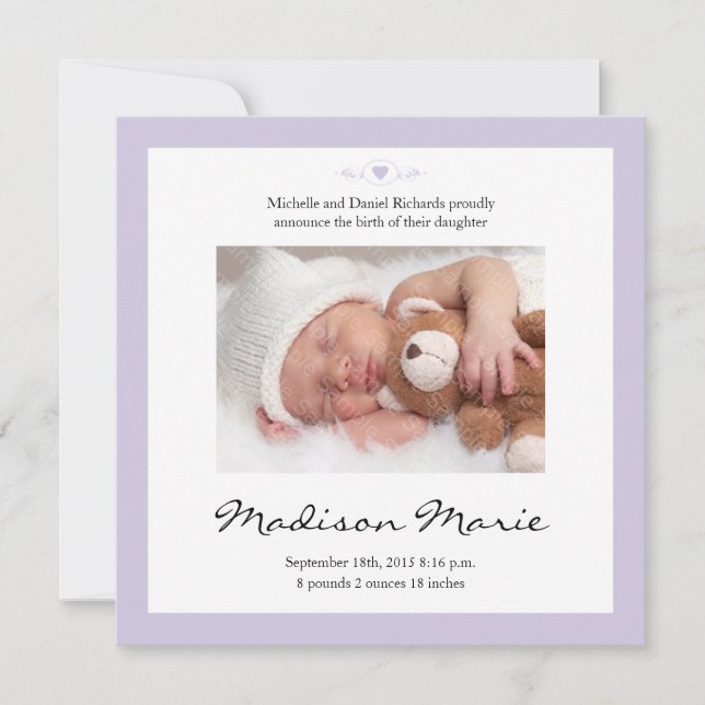 New Baby Poem Birth Announcement Purple (Front)