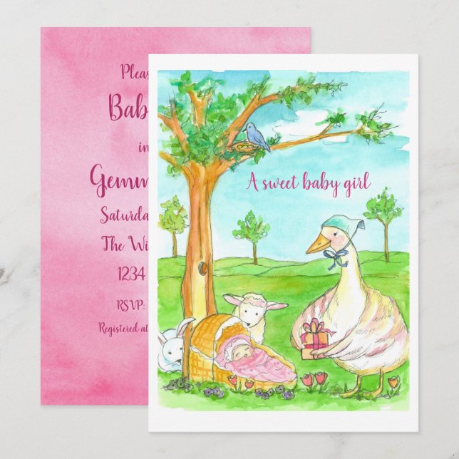 New Baby Shower Girl Fairy Tale Animals Invitation (Front/Back)
