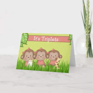New Baby Triplet Girls Cute Monkey Card
