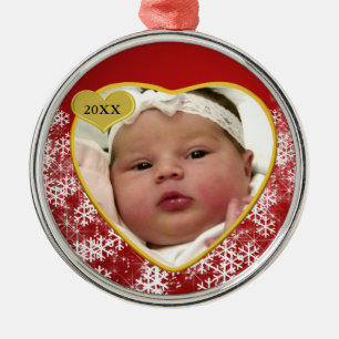 New Baby's Christmas Red Heart Photo Birth Year Metal Ornament