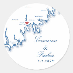 New Bedford MA Wedding Elegant Navy Blue Map Classic Round Sticker