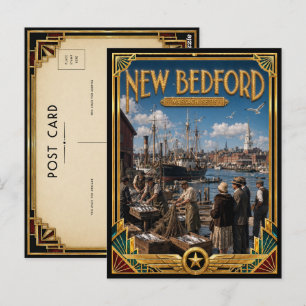 New Bedford Massachusetts Vintage Art Deco Golden Postcard