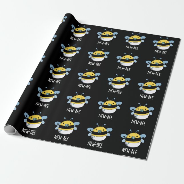 New Bee Funny Insect Bug Pun Dark BG Wrapping Paper (Unrolled)