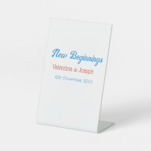 new beginnings couple wedding name date blue retro pedestal sign