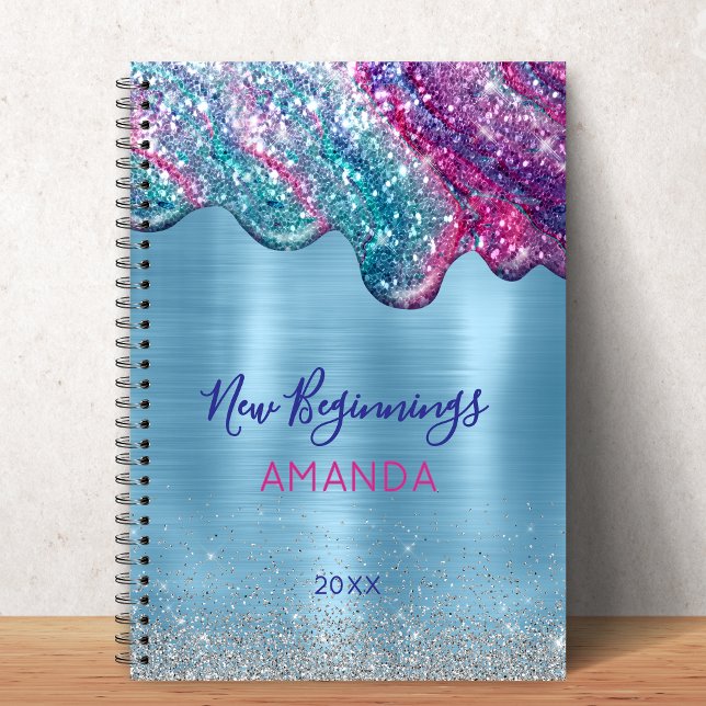 New beginnings dusty blue purple drips monogram notebook (Creator Uploaded)