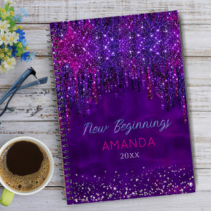 New beginnings Purple faux glitter Drips large Notebook