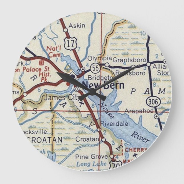 New Bern NC 50's Map Large Clock (Front)