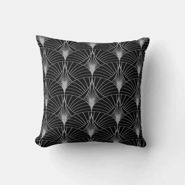 New Black and Silver Art Deco Throw Pillow (Front)
