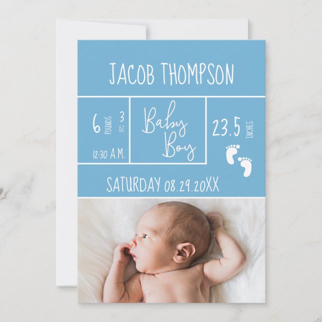 New Blue Baby Boy Birth Announcement Birth Stats (Front)