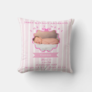 New Born Baby Girl Announcement Throw Pillow