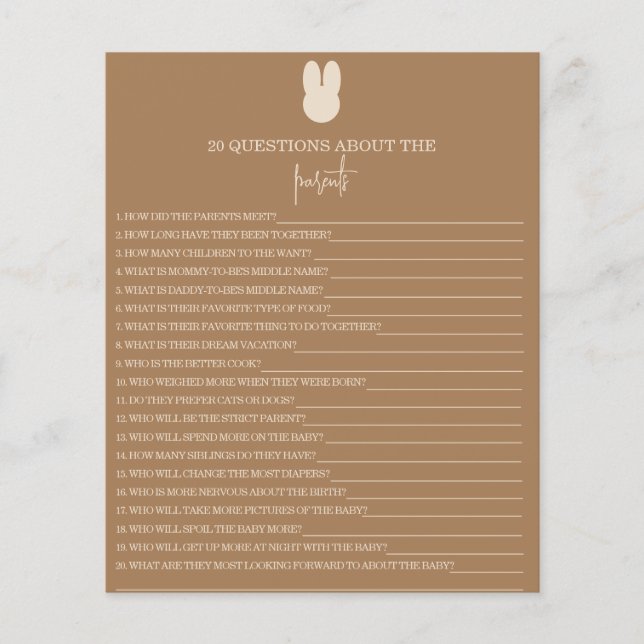 New Bunny 20 Questions about the Parents game (Front)