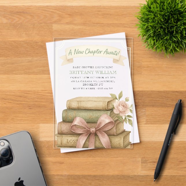 New Chapter Awaits Pink Bow Baby Shower Acrylic Invitations (Insitu (Invitation Card))