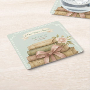 New Chapter Awaits Pink Bow Baby Shower Square Paper Coaster