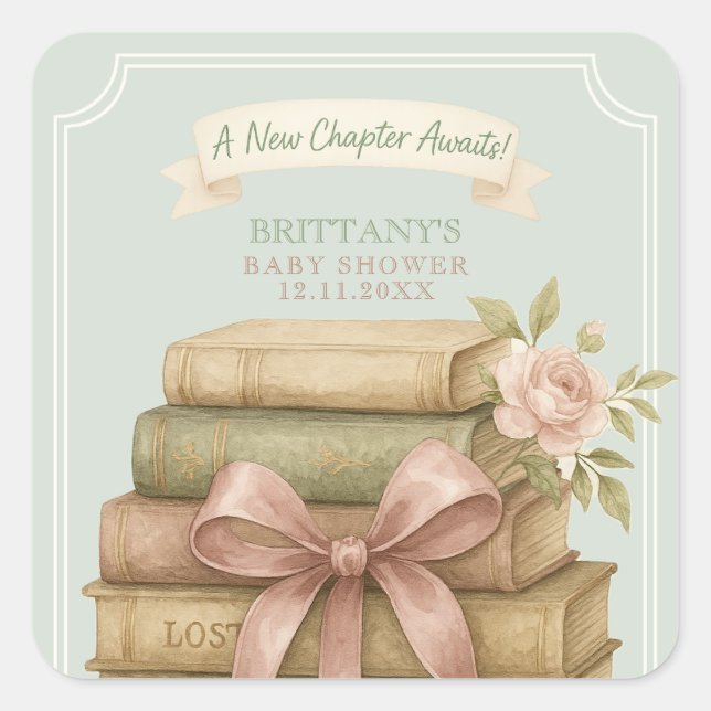 New Chapter Awaits Pink Bow Baby Shower Square Sticker (Front)
