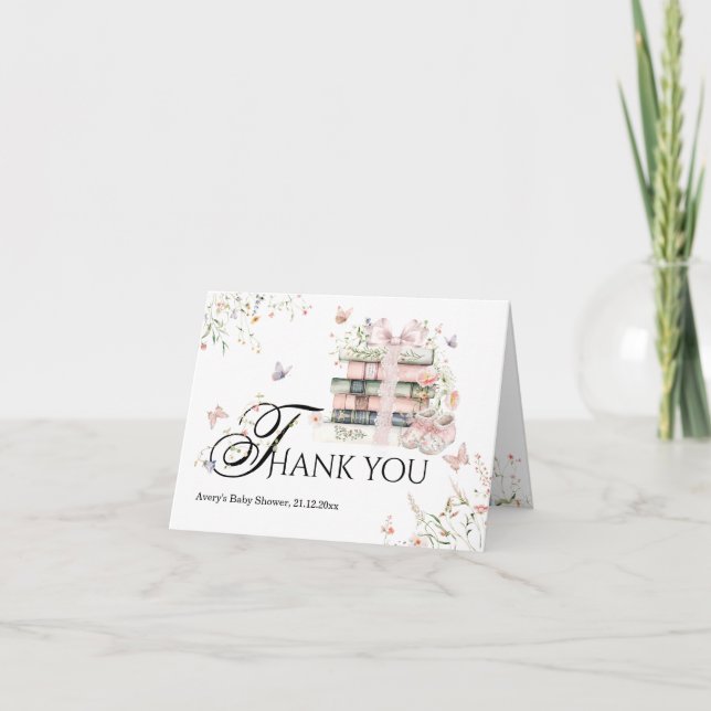 New Chapter Begin Book Wildflower Baby Girl Shower Thank You Card (Front)