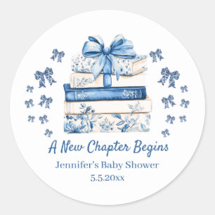 new chapter begins,blue bow books baby shower cute classic round sticker