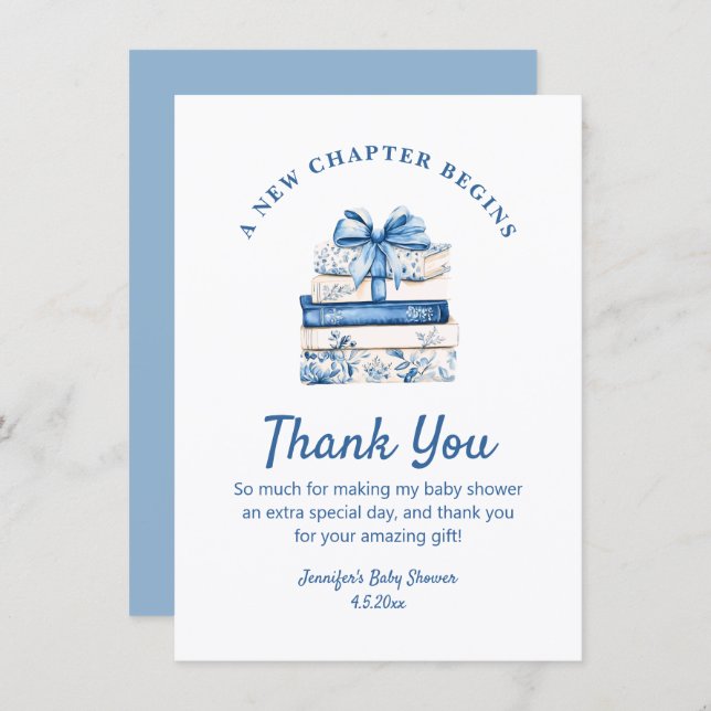 new chapter begins, blue bow books thank you card (Front/Back)