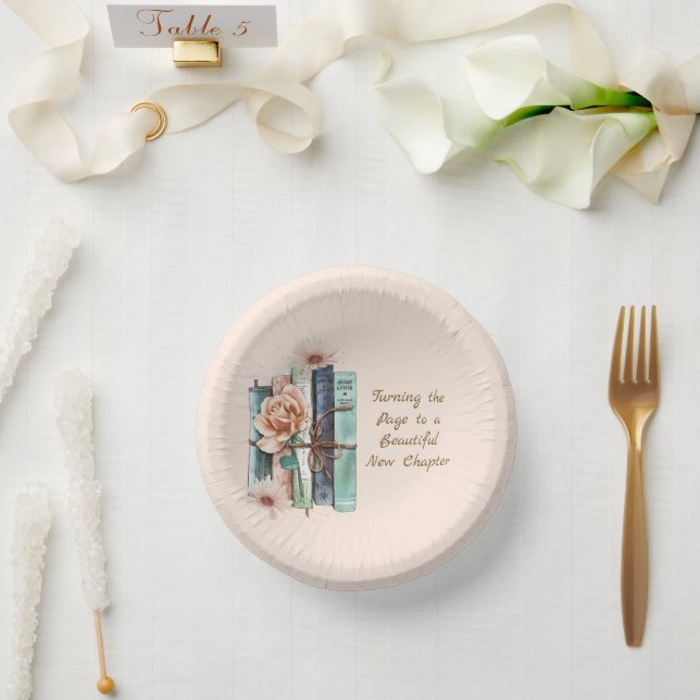 New Chapter Begins Book Stack Floral  Paper Plate (Wedding)