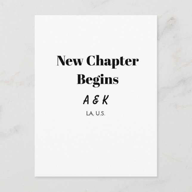 NEW CHAPTER BEGINS couple name wedding PLACE SIMPL Postcard (Front)
