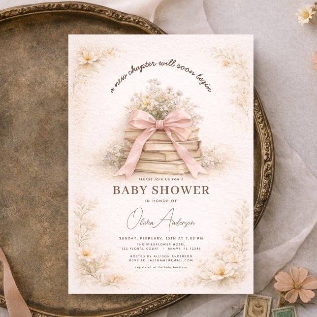 New Chapter Begins Pink Bow Books Baby Shower Invitation (Creator Uploaded)