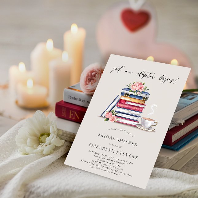 New Chapter Book Lover Bookworm Ecru Bridal Shower Invitation (a new chapter bridal shower invitation book lover bookworm library literary floral roses elegant)