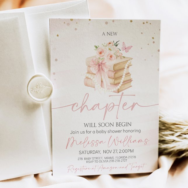 New Chapter bow wildflowers butterflies Baby Showe Invitation (A baby shower invitation with soft wildflowers, fluttering butterflies, and a satin pink bow, featur)