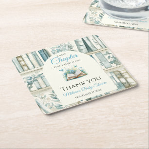New Chapter Boy Library Book Baby Shower Decor Square Paper Coaster